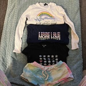 Set of 3 Rainbow Graphic Tops and 1 Tie-Dye Shorts Set. Girls size 10